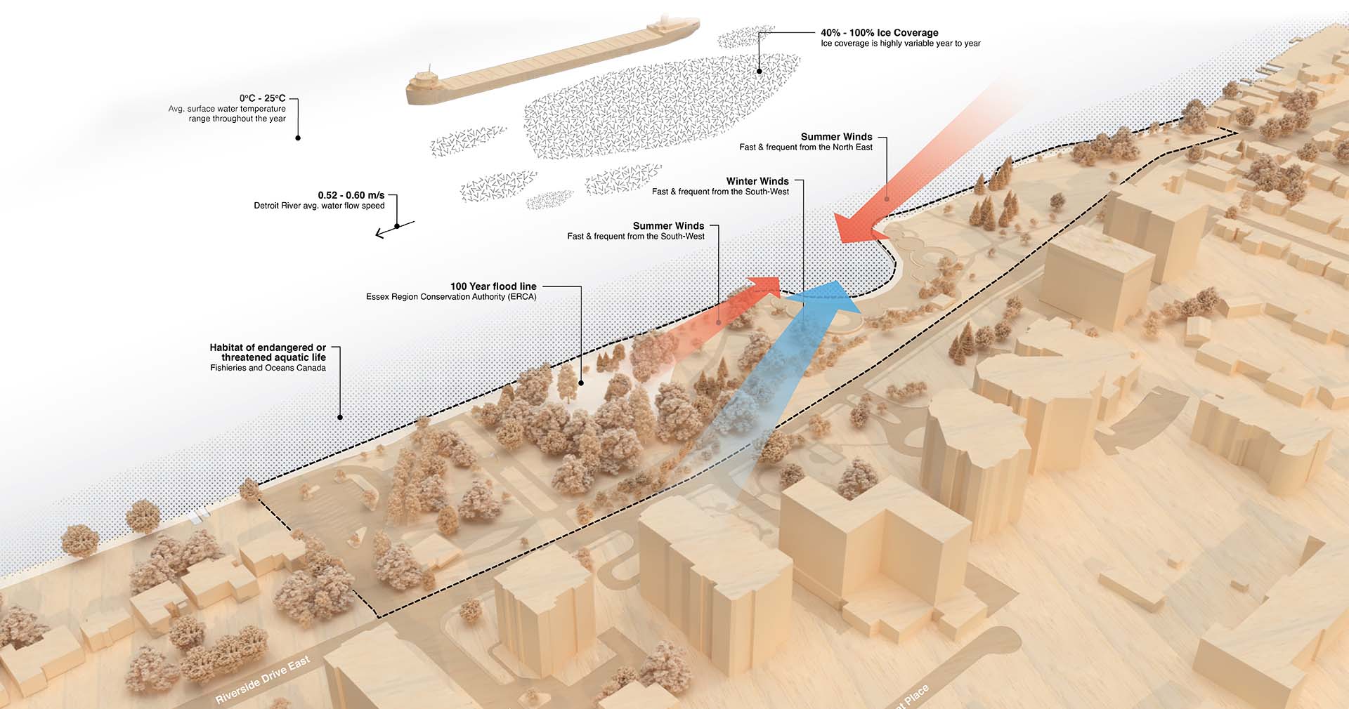 Site analysis rendering of Reaume Park and surroundings highlighting environmental aspects. 