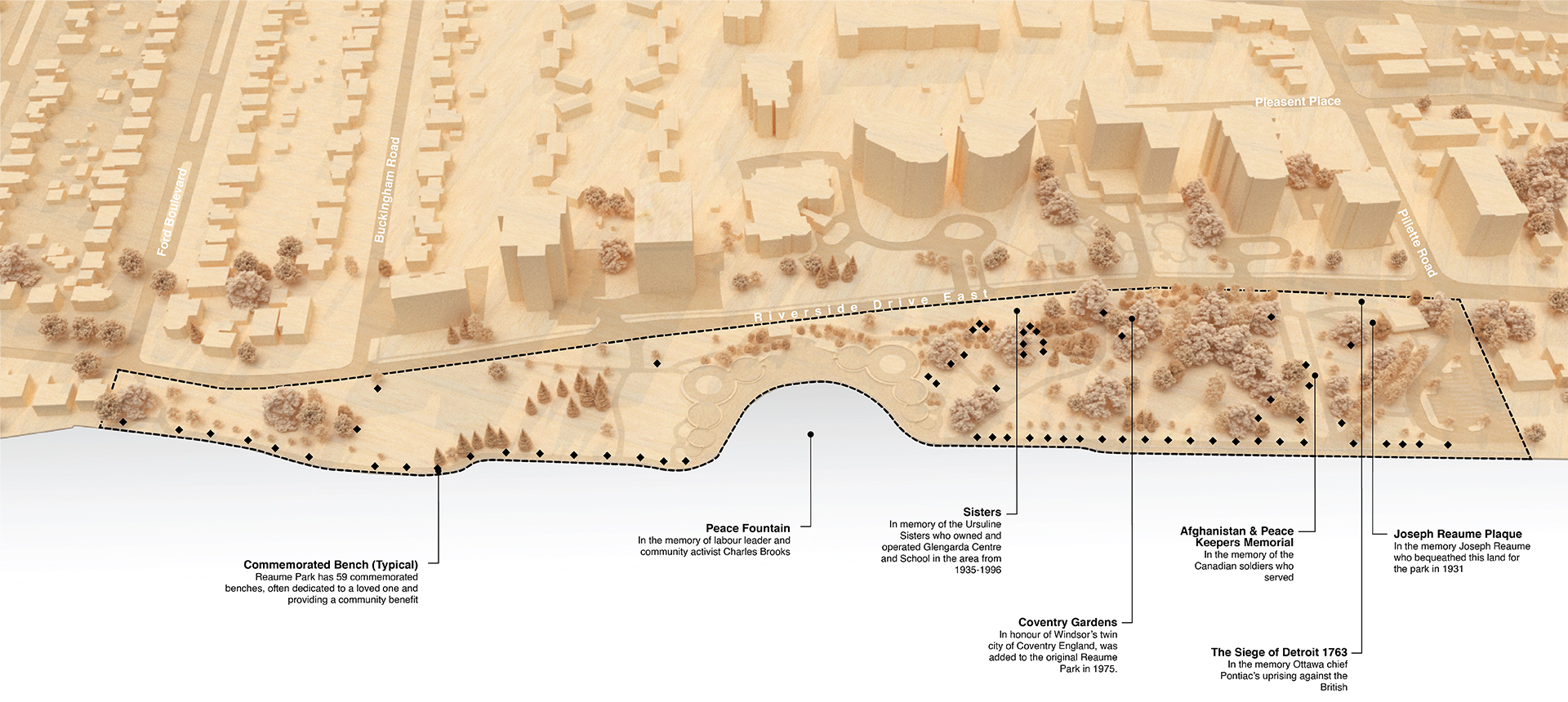 Site analysis rendering of Reaume Park and surroundings highlighting memory aspects.